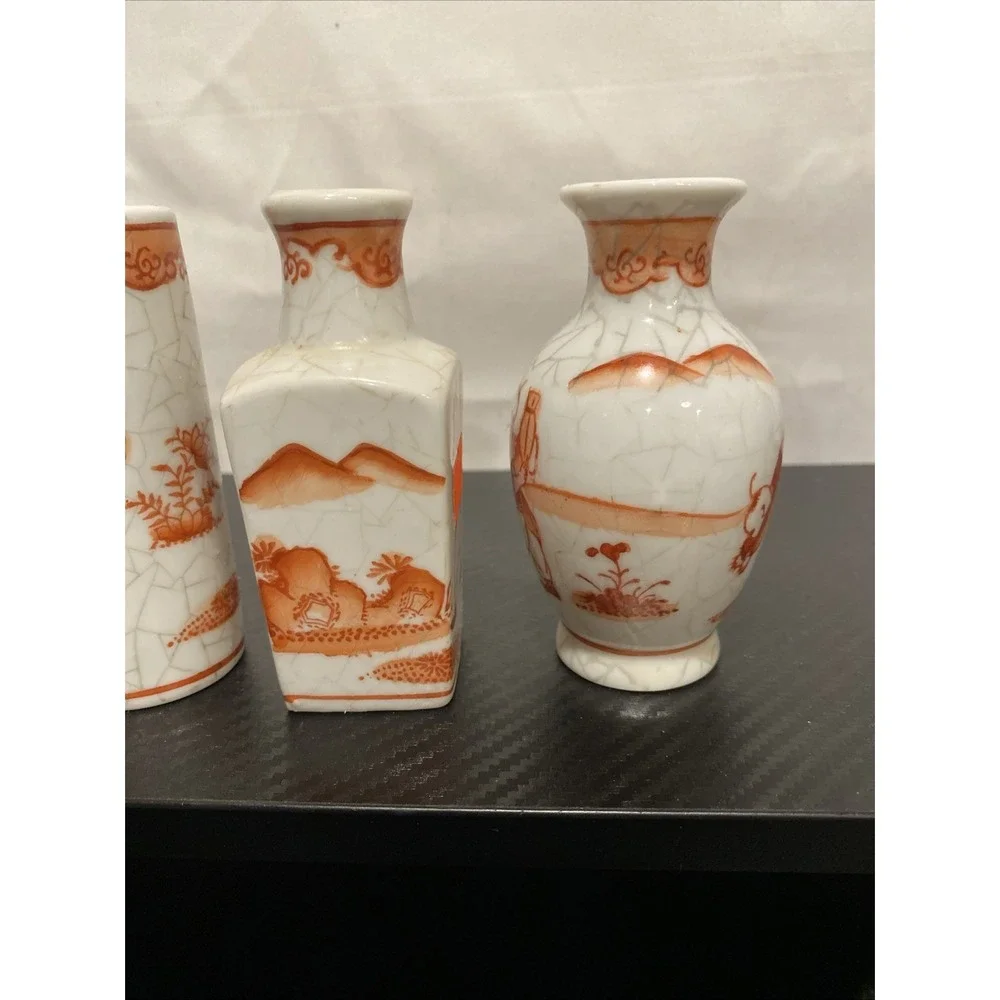 Vintage Oriental Objects D'Art Orange & White Crackle Mini Vases  Decorative 4